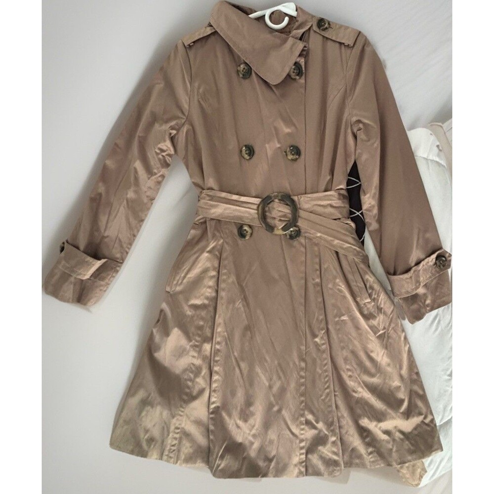 London Fog Belted Trench Coat Women’s M Champagne Beige Shimmer Double Breasted